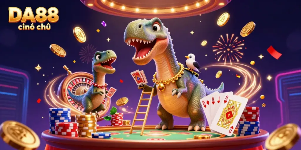 Experience the excitement of DA88 chính thức as a giant brontosaurus towers over a lively casino, joined by a clever raptor dealer.