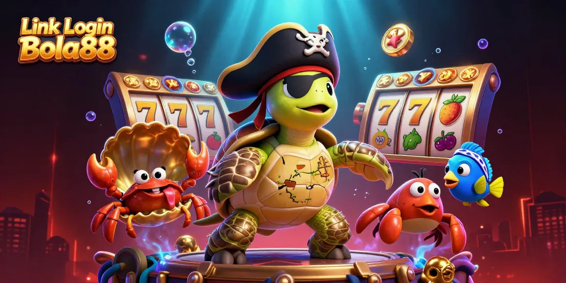 Experience the excitement with Link Login Bola88, featuring vibrant characters and dynamic slot symbols in a lively casino scene.