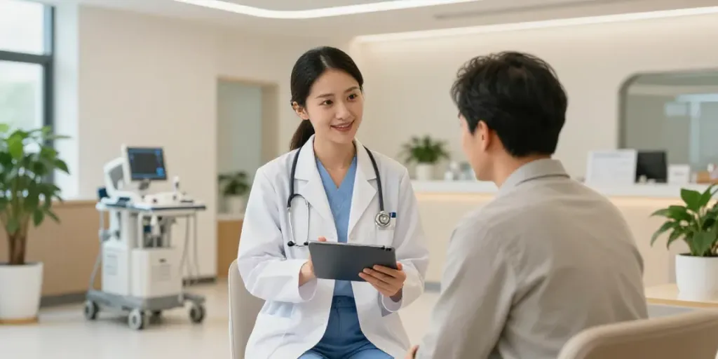 Wolfsburg mitbringen sollten: Freundliche Arztsituation in moderner Diagnostikzentrale.