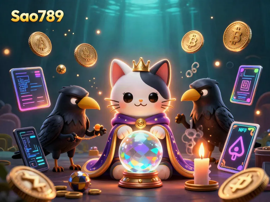 Sao789 engages players with a mystical scene of a fortune teller cat and raven amidst vibrant casino elements.