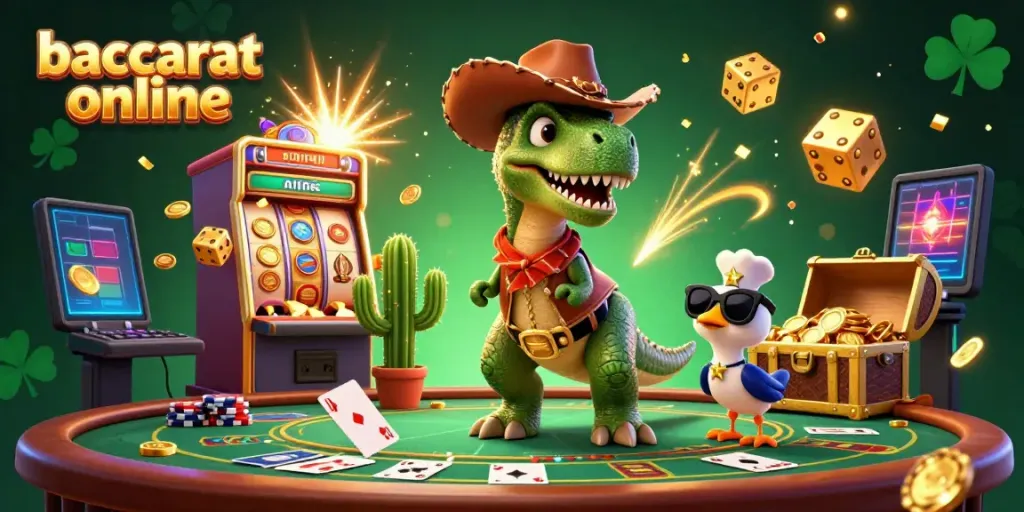 Experience thrilling baccarat online with a colorful 3D scene featuring a dinosaur and casino elements.
