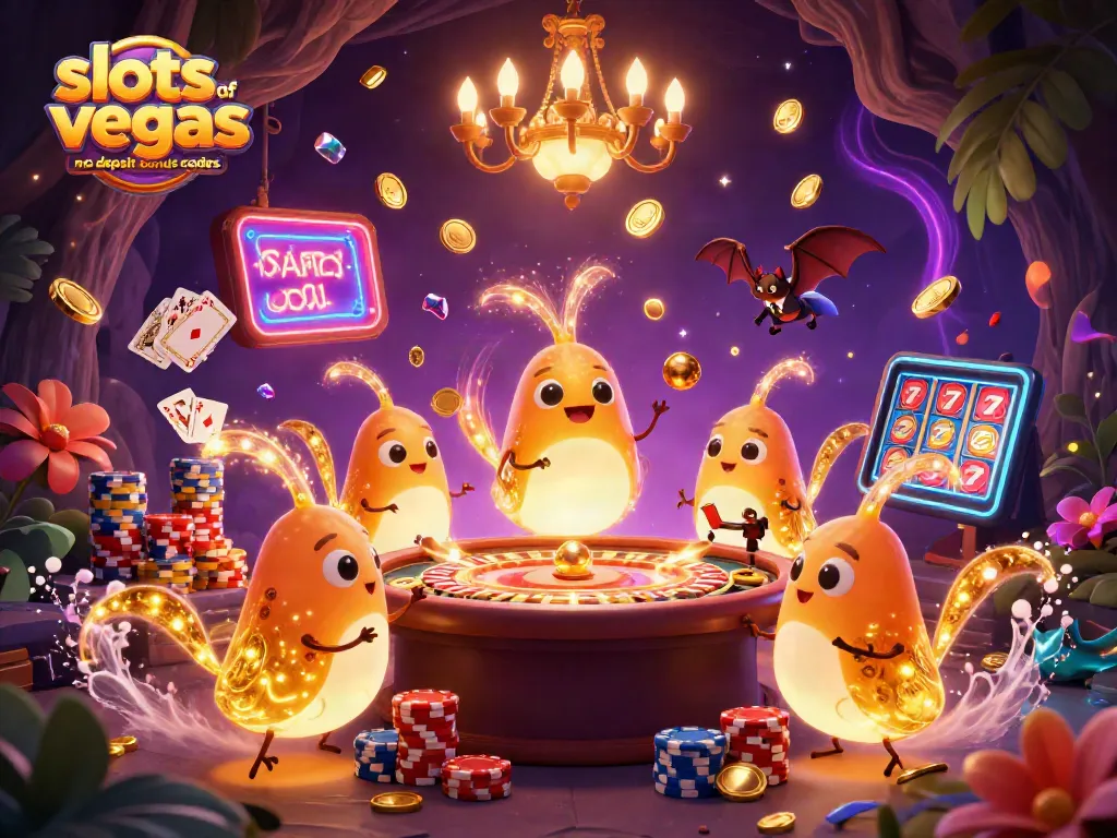Illustration of slots of vegas no deposit bonus codes depicted by glowing glowworms and a bat dealer in a casino.