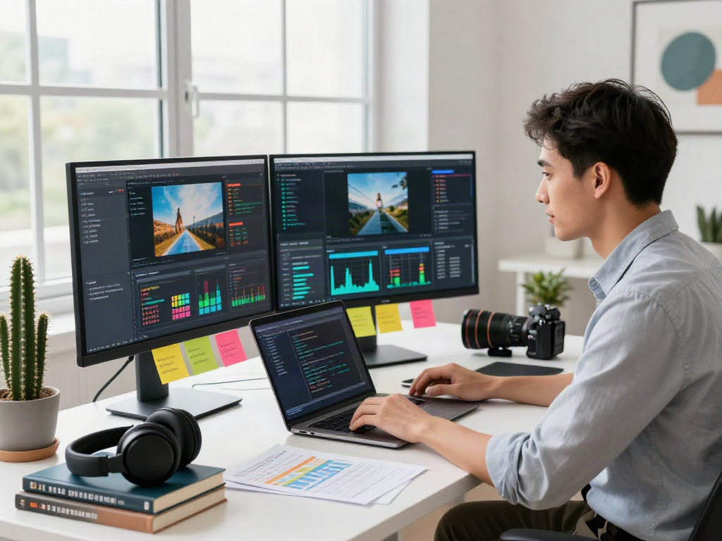AI Image Detection at a high-tech workspace with data scientist analyzing images and data visuals.