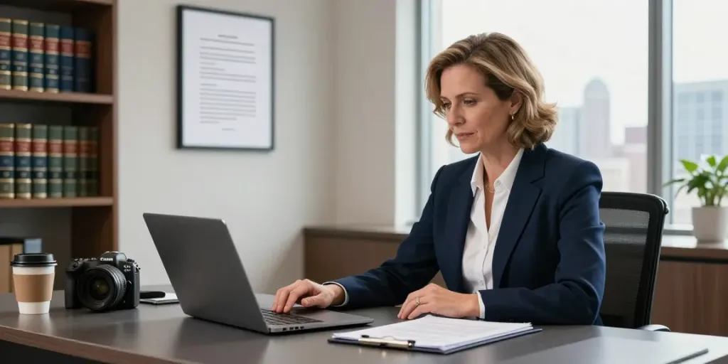 Karen McCleave lawyer in a modern office setting, focused on legal documents with a city skyline view.