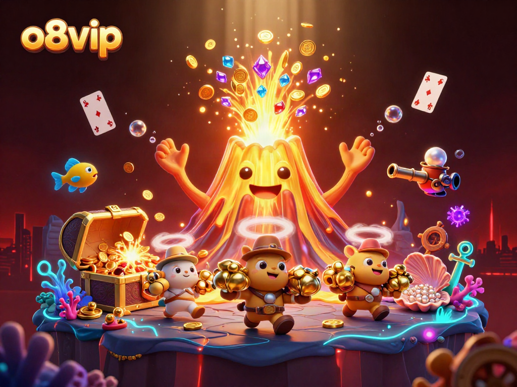 Experience thrilling wins at o8vip with an eruption of coins and gems in this dynamic casino scene.