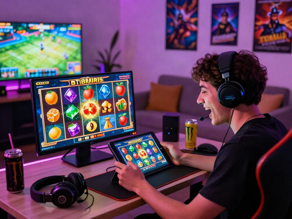 Engaging scene of a player enjoying bandar slot games on a tablet, surrounded by vibrant gaming visuals and accessories.