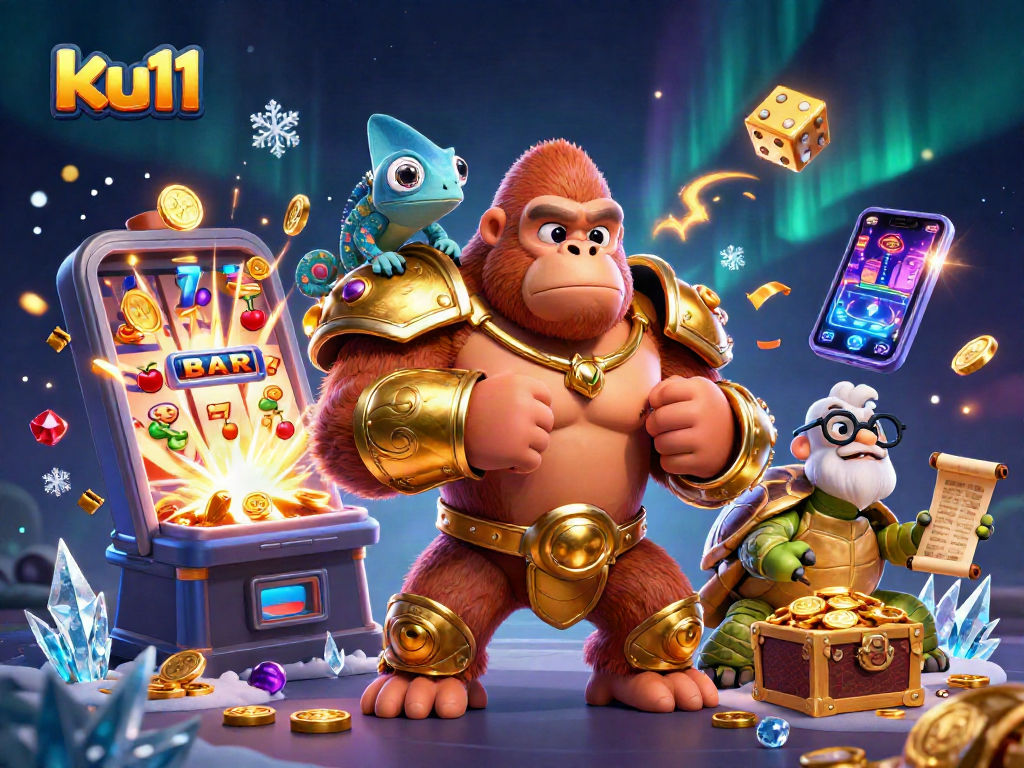 ku11 showcases a vibrant 3D casino scene with a gorilla king, chameleon, and wise tortoise, featuring dynamic slot machine action.