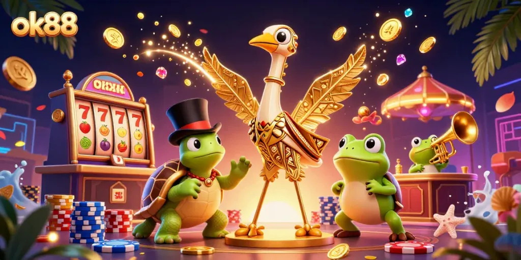 Experience thrilling gaming at ok88 in this vibrant, dynamic casino illustration filled with excitement and rewards.