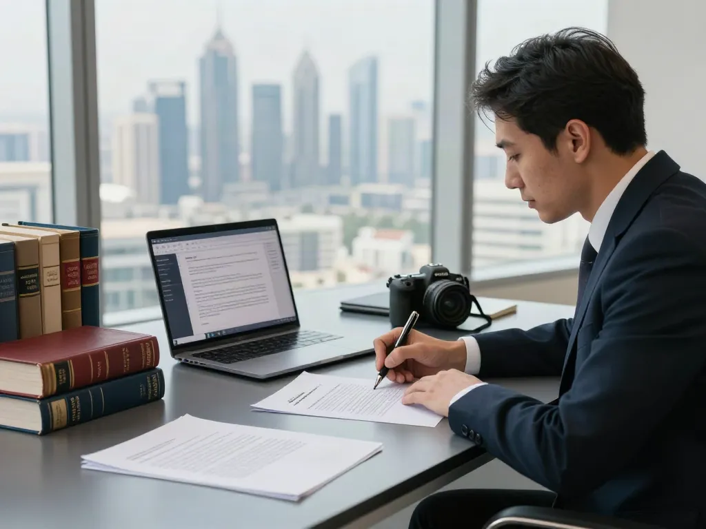 Legal Notice Services in Dubai being drafted at a professional legal office with skyline view.