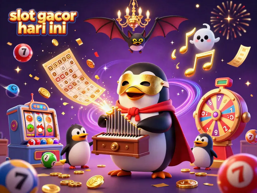 Experience winning thrills with slot gacor hari ini as a cartoon penguin entertains in a vibrant casino scene.