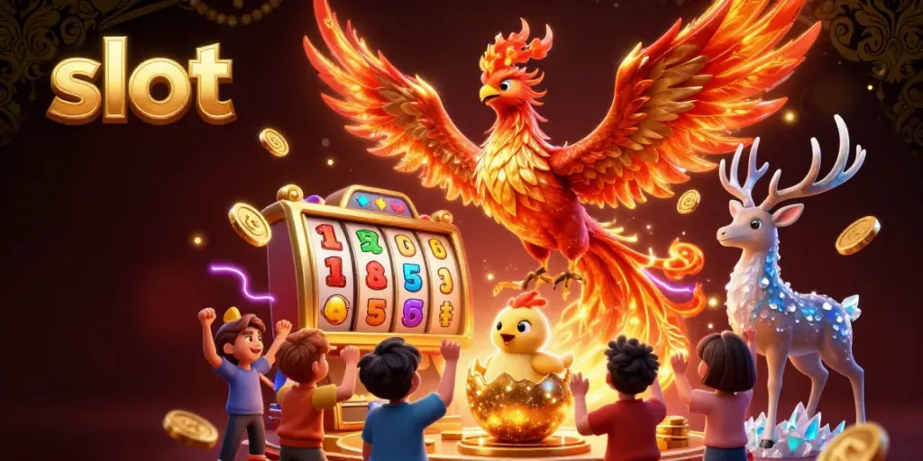 Play exciting slot games with vibrant phoenix and jackpot counters in a dynamic casino scene.