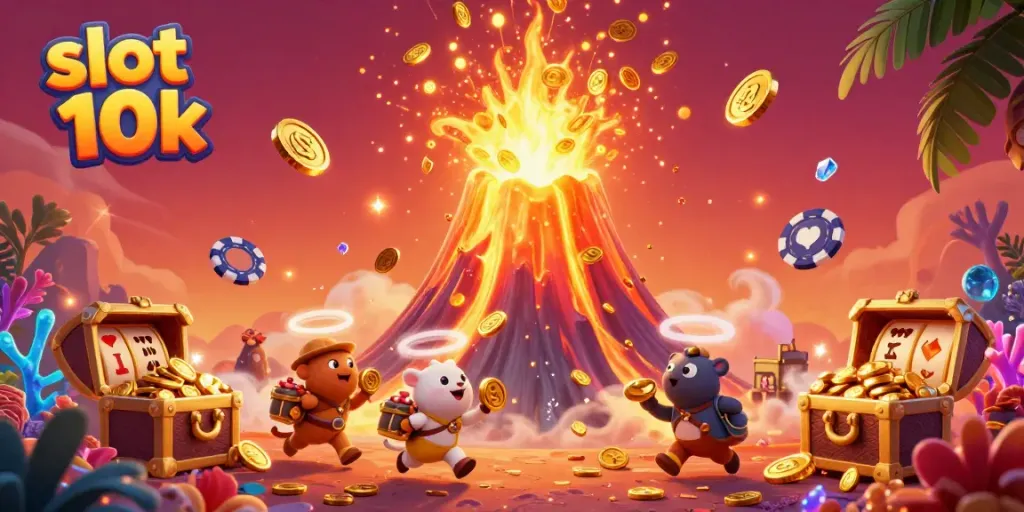 Experience winning action with slot 10k in a festive, 3D cartoon scene of treasures and adventure.