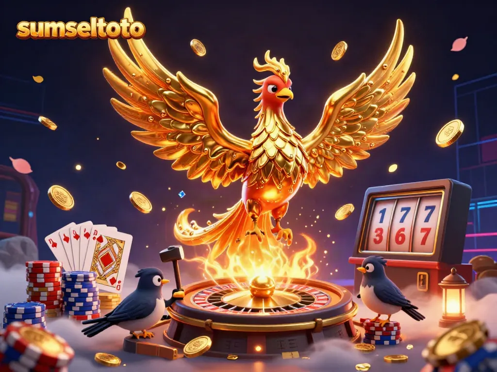 Experience the excitement of sumseltoto with a vivid 3D casino scene featuring a golden phoenix and casino elements.